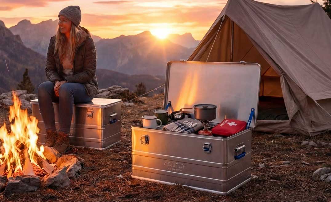 ALUTEC COMFORT Aluboxen mit Person, Zelt und Lagerfeuer während einer Hochgebirgs-Treckingtour