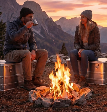 Pärchen sitzt auf ALUTEC CLASSIC Alu-Transportboxen am Lagerfeuer bei einer Bergtour 
