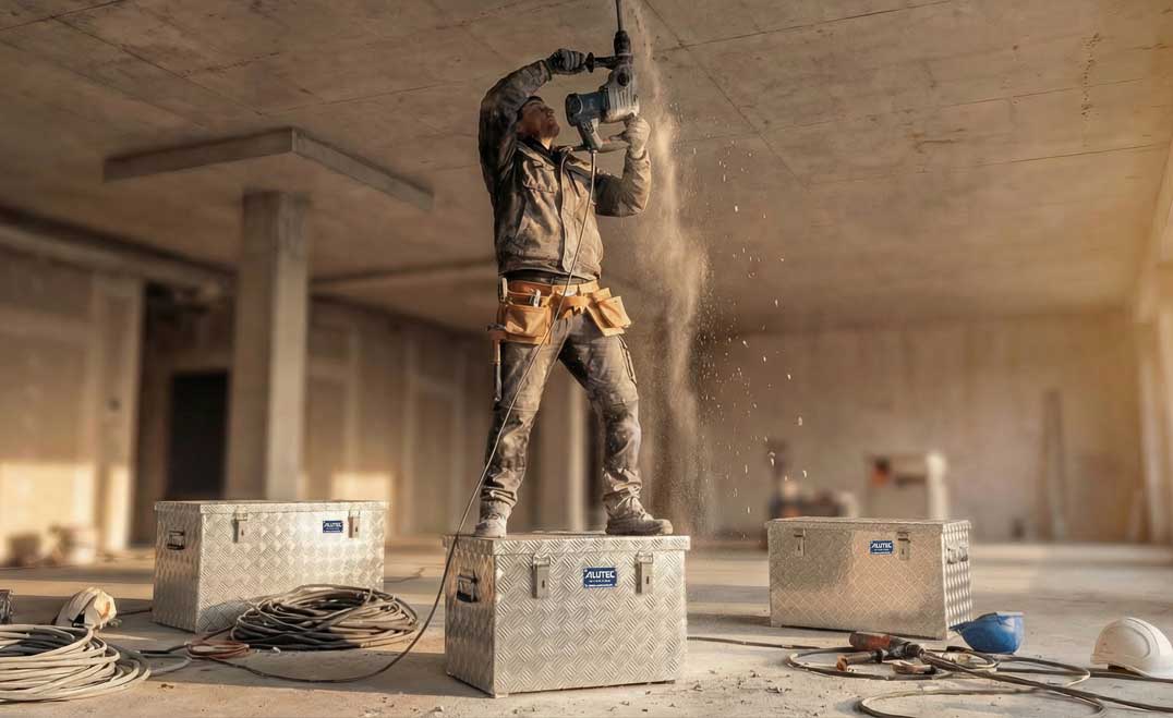 Mann steht auf Alubox und bohrt in Decke