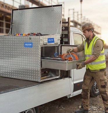 ALUTEC Pritschenbox mit Arbeiter bei seitlichem Zugriff auf Werkzeug und sperriges Material