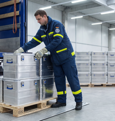 THW-Lkw-Transport beim Beladen mit ALUTEC INDUSTRY Aluboxen 
