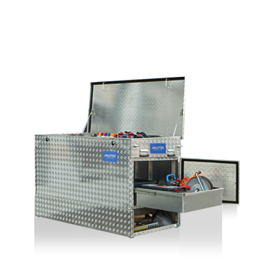 ALUTEC Alubox INDIVIDUALBOXEN – für Pritschenfahrzeuge, 3 mm Alu-Riffelblech, individueller Innenausbau mit Ausschüben und Zubehörablagen möglich